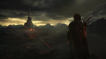 HD wallpaper featuring Talion from Middle-earth: Shadow of War overlooking a dark, volcanic landscape with a fortress in the distance.