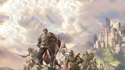 HD desktop wallpaper of Lineage 2: Revolution featuring armored characters and a castle under a rainbow-streaked sky.