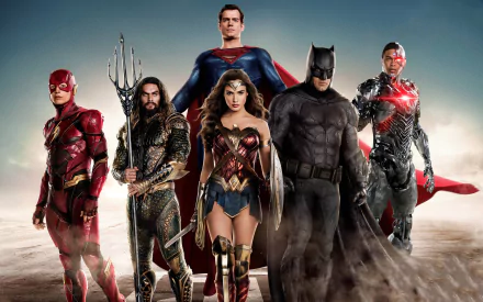 HD desktop wallpaper featuring Ezra Miller as Flash, Jason Momoa as Aquaman, Gal Gadot as Wonder Woman, Ben Affleck as Batman, Ray Fisher as Cyborg, and Henry Cavill as Superman from Justice League (2017).