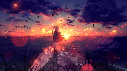 HD wallpaper featuring an anime blonde character watching a sunset with birds in a cloudy sky.