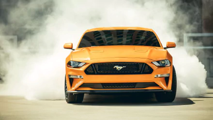 An orange Ford Mustang GT performing a burnout, with smoke billowing around it. The image is a high-definition desktop wallpaper showcasing the powerful muscle car's front view.
