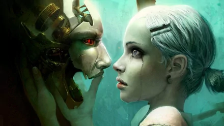 A striking HD wallpaper featuring a cyborg and a woman, their faces close together, conveying an intense emotional connection in an artistic and futuristic setting.