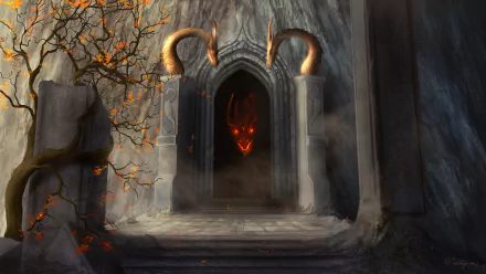 HD desktop wallpaper featuring a fantasy cave entrance with a sinister dragon face illuminated by glowing red eyes, flanked by tall stone pillars and twisting tree branches with orange leaves.