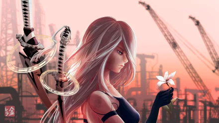 HD desktop wallpaper featuring YoRHa No.2 Type B from the video game NieR: Automata, depicted with silver hair and holding a flower, set against an industrial background with cranes.