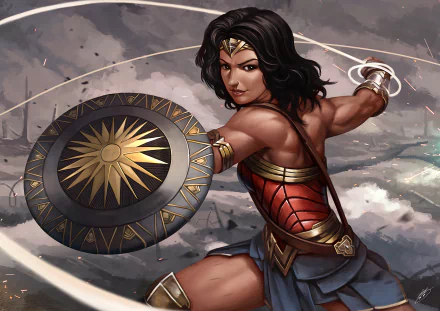 HD desktop wallpaper of Wonder Woman in a dynamic comic-style pose, wielding a shield and lasso in a dramatic, cloudy battlefield background.