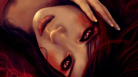 HD desktop wallpaper featuring a dark fantasy theme with a woman with intense red eyes, lying down with a mysterious and captivating expression.