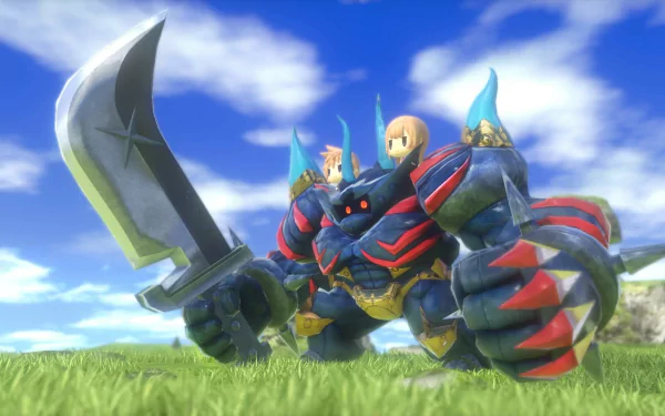 HD desktop wallpaper featuring characters from World of Final Fantasy posed in a grassy field under a blue sky.
