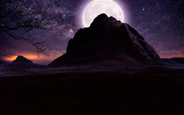 HD desktop wallpaper of a purple, starry night sky over a mountain, with the moon casting a glowing halo. Nature's serene beauty is captured with stars shimmering above.