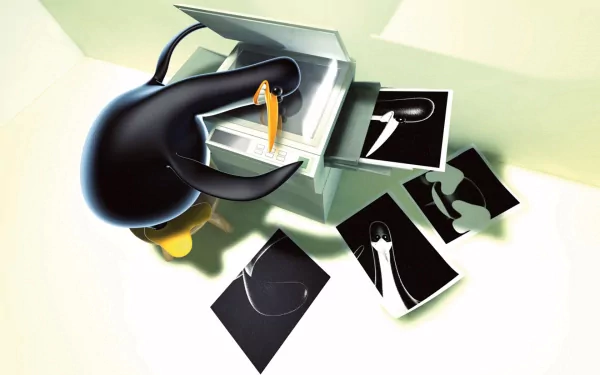 HD Linux-themed desktop wallpaper featuring the Tux penguin humorously examining X-ray images, blending tech and fun in a unique background design.
