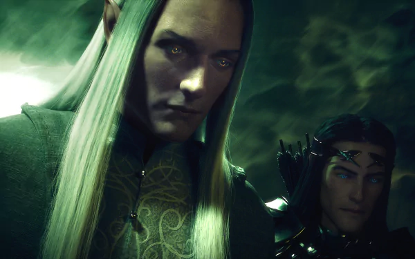 4K Ultra HD desktop wallpaper from the video game Middle-earth: Shadow of War featuring two dark, intense elves with glowing eyes in a mystical green-lit setting.