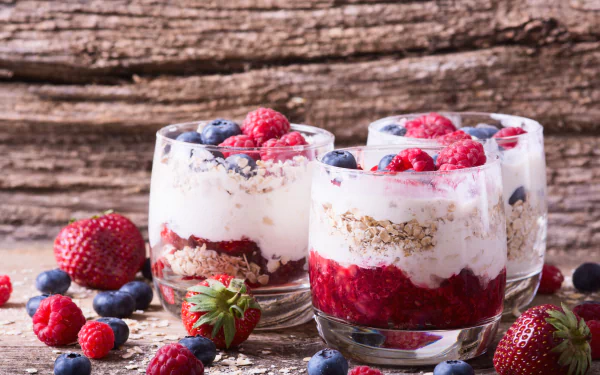Close-up of muesli and yogurt parfaits layered with strawberries, raspberries, blueberries, and granola in clear glasses, presented as a vibrant 4K Ultra HD still life food dessert.