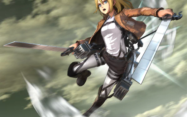 HD anime wallpaper of blonde Historia Reiss from Attack on Titan, wearing her uniform and wielding dual blades in mid-air with a dynamic sky background.