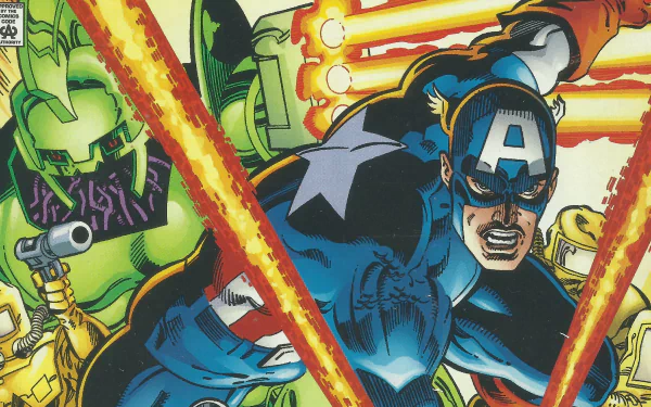 HD desktop wallpaper featuring Captain America in an action-packed comic scene, displaying intense battle graphics and vibrant colors.