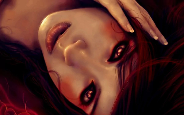 HD desktop wallpaper featuring a dark fantasy theme with a woman with intense red eyes, lying down with a mysterious and captivating expression.