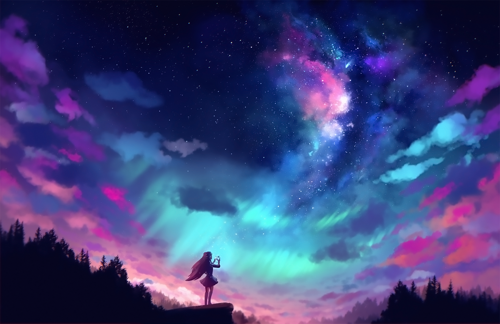 Anime Girl under Colorful Sky by AuroraLion