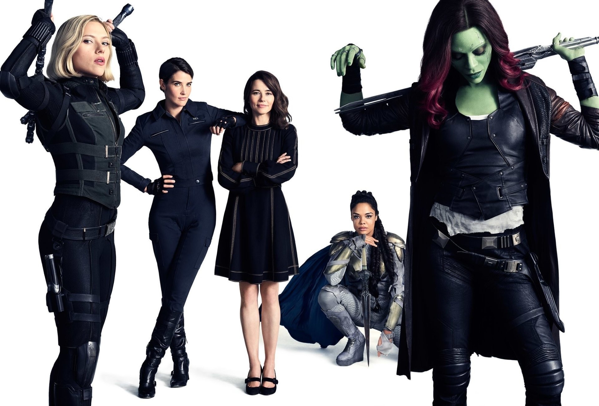 HD desktop wallpaper from Avengers: Infinity War featuring Marvel characters Black Widow, Maria Hill, Valkyrie, and Gamora in dynamic poses.