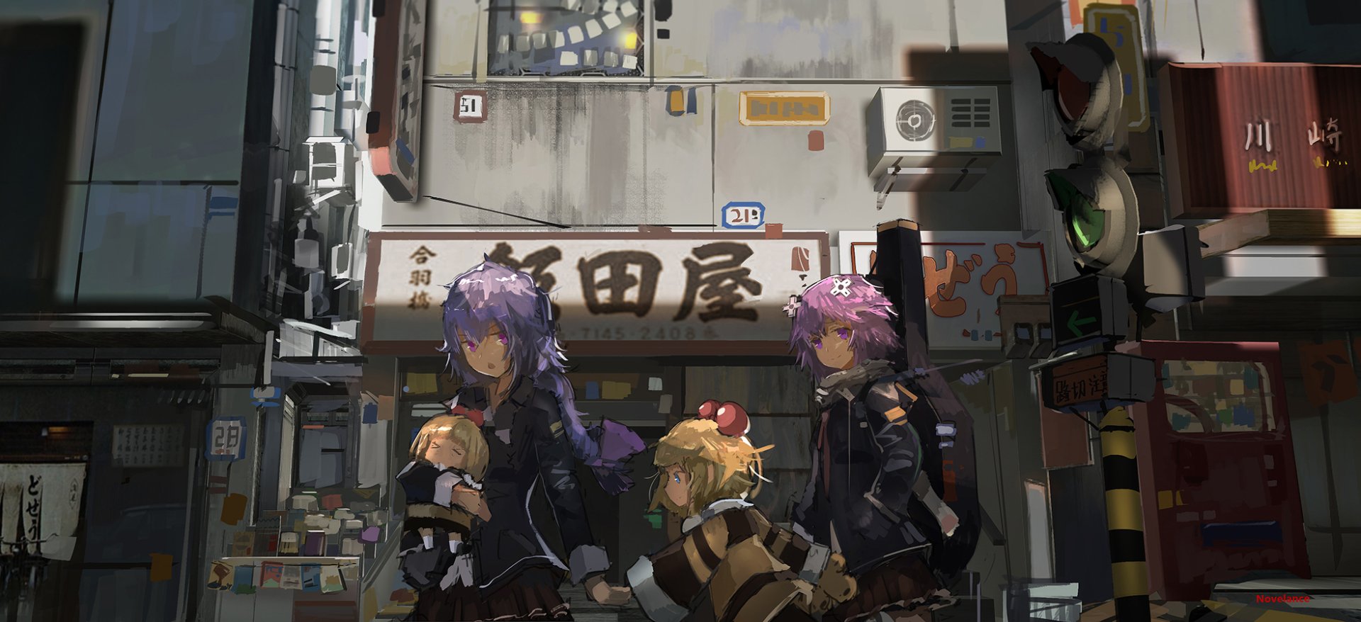 HD PC desktop wallpaper featuring Peashy, Plutia, and Neptune from the Hyperdimension Neptunia video game series in an urban street setting.