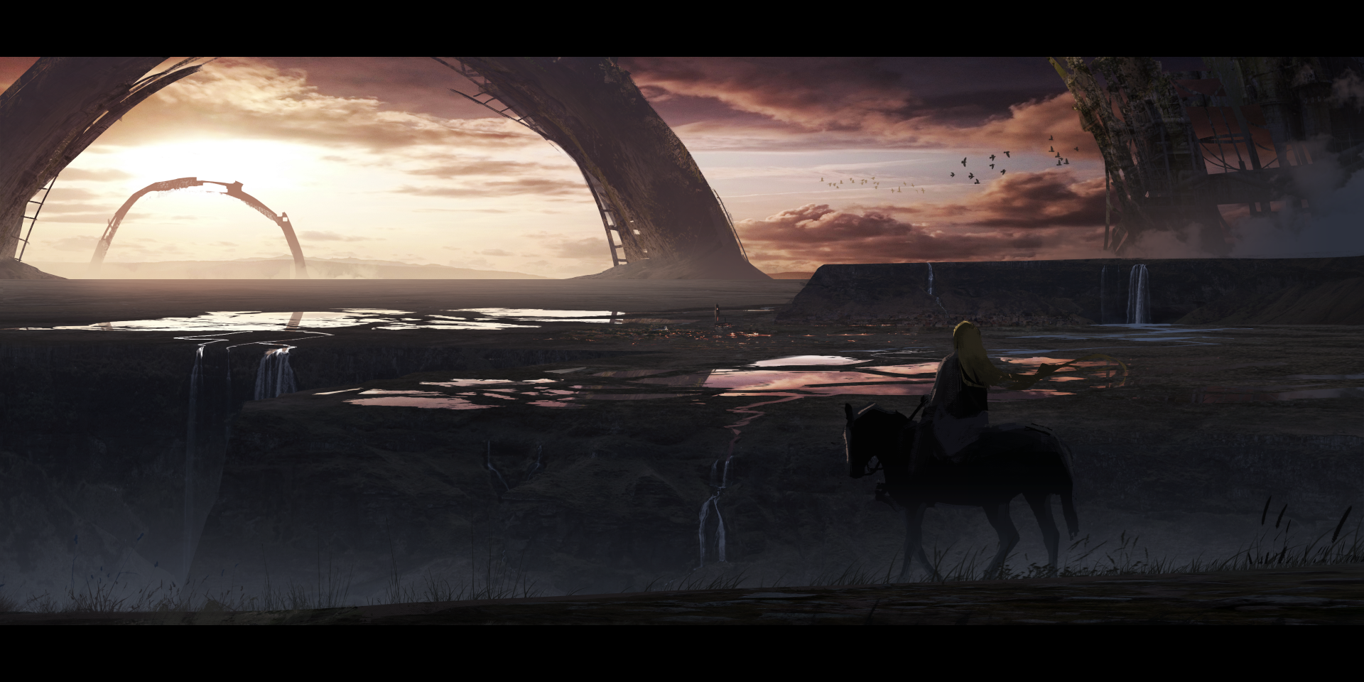 Anime-style HD desktop wallpaper featuring a long-haired figure on a horse beneath an arch at sunrise, with clouds and reflective water enhancing the serene landscape.