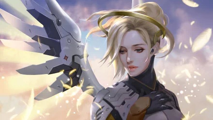 HD PC desktop wallpaper featuring Mercy from the video game Overwatch, showcasing her with her iconic winged armor and serene expression in a soft, glowing background.