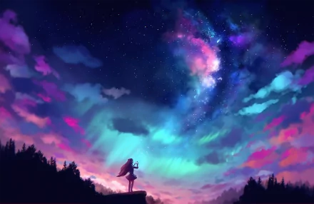 An anime-inspired HD desktop wallpaper depicting a stunning sunset with aurora borealis in the sky. A person stands on a cliff, surrounded by colorful clouds and a starry night sky.