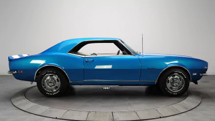 Side view of a blue Chevrolet Camaro Z28 muscle car, featured as an HD PC desktop wallpaper and background.