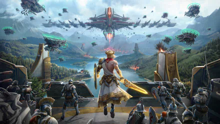 HD PC desktop wallpaper from the video game Skyforge, depicting a heroic character with a glowing sword leading an army against floating futuristic warships in a vast landscape.