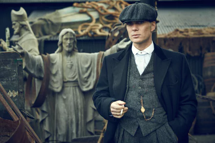 Cillian Murphy as Thomas Shelby from the TV show Peaky Blinders, dressed in vintage attire with a statue in the background, captured in 4K Ultra HD resolution.