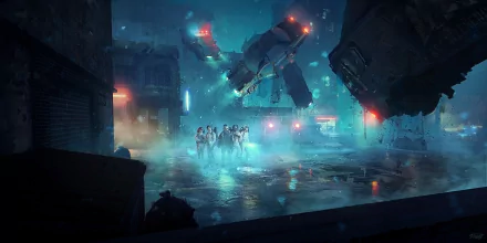 HD PC desktop wallpaper featuring a dark, foggy scene from the TV show Stranger Things with characters standing beneath a large, ominous robotic structure.