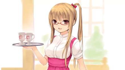 Anime girl in pink uniform and glasses holding a tray with two Anna Miller's coffee cups, set in a bright, softly lit room for an HD PC desktop wallpaper.
