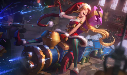 HD wallpaper of Jinx from League of Legends. She has long blonde hair and wears a Santa hat and Christmas outfit, riding a festive machine against a vibrant Christmas-themed background.