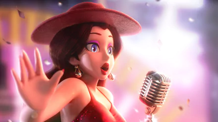 Pauline from Super Mario Odyssey sings into a vintage mic in a sparkling red dress and hat, vibrant Super Mario video game 4K Ultra HD PC desktop wallpaper