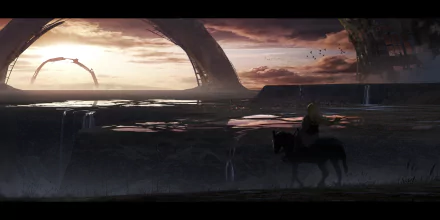 Anime-style HD desktop wallpaper featuring a long-haired figure on a horse beneath an arch at sunrise, with clouds and reflective water enhancing the serene landscape.
