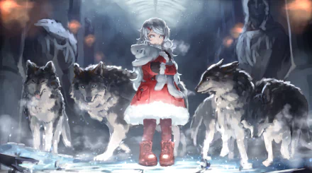 Anime girl with grey hair and aqua eyes, wearing a red coat, holding a stuffed wolf, surrounded by wolves in a snowy setting, suitable as an HD desktop wallpaper.