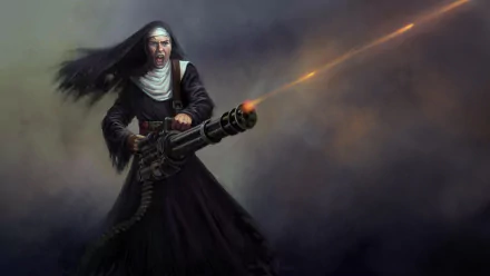 HD wallpaper featuring a character from Wasteland 2, wielding a large gun with a fiery blast, against a moody backdrop.