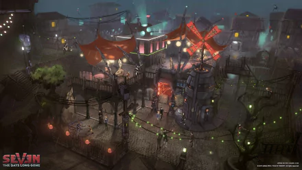 HD wallpaper from Seven: The Days Long Gone depicting a shadowy urban landscape with vibrant red tents and atmospheric lighting.