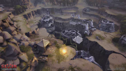 HD wallpaper from Seven: The Days Long Gone featuring an atmospheric ruin landscape with central campfire and intricate stonework.