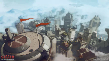 HD desktop wallpaper from Seven: The Days Long Gone, featuring a futuristic cityscape shrouded in clouds with prominent red flags.