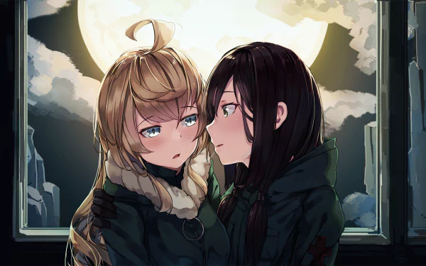 HD desktop wallpaper featuring Yuri and Chito from the anime Girls' Last Tour, gazing at each other against a backdrop of a full moon and cloudy night sky.