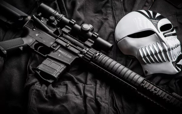 HD desktop wallpaper featuring a Colt AR-15 M4 Carbine assault rifle paired with a distinctive skull mask on a black fabric background.