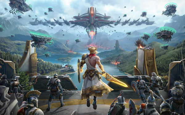 HD PC desktop wallpaper from the video game Skyforge, depicting a heroic character with a glowing sword leading an army against floating futuristic warships in a vast landscape.