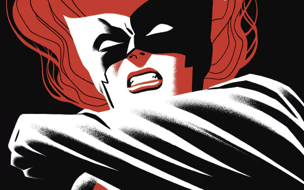 Comic Batwoman HD PC desktop wallpaper/background: close-up of masked Batwoman with flowing red hair, fierce expression, high-contrast black, white and red art with cape sweeping across frame.