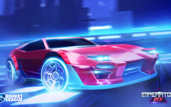 HD desktop wallpaper of Rocket League featuring a sleek red car with neon blue highlights racing through a futuristic cityscape.