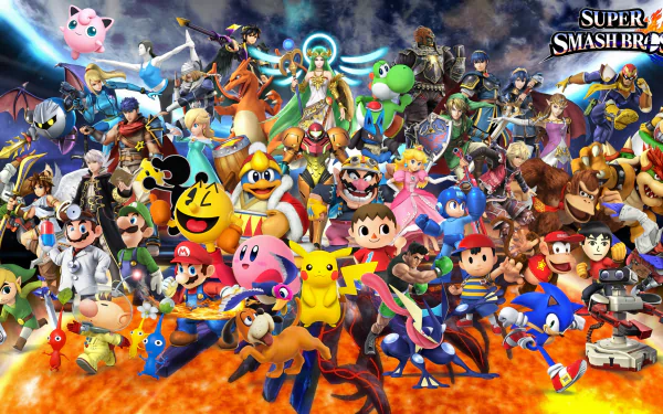 HD desktop wallpaper featuring characters from Super Smash Bros. for Nintendo 3DS and Wii U, including Lucario (Pokémon), among other iconic video game characters in a dynamic, colorful setting.