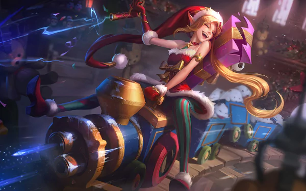 HD wallpaper of Jinx from League of Legends. She has long blonde hair and wears a Santa hat and Christmas outfit, riding a festive machine against a vibrant Christmas-themed background.