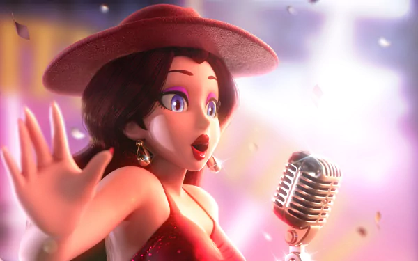 Pauline from Super Mario Odyssey sings into a vintage mic in a sparkling red dress and hat, vibrant Super Mario video game 4K Ultra HD PC desktop wallpaper