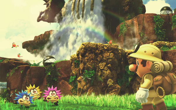 4K Ultra HD Super Mario Odyssey wallpaper featuring Mario in explorer gear facing colorful creatures near a waterfall and rocky landscape.