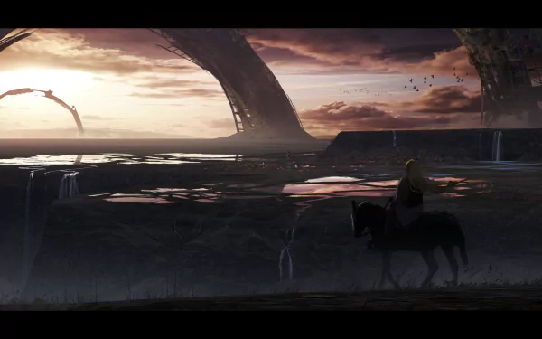 Anime-style HD desktop wallpaper featuring a long-haired figure on a horse beneath an arch at sunrise, with clouds and reflective water enhancing the serene landscape.