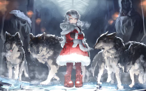 Anime girl with grey hair and aqua eyes, wearing a red coat, holding a stuffed wolf, surrounded by wolves in a snowy setting, suitable as an HD desktop wallpaper.