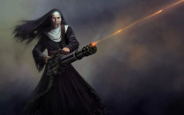 HD wallpaper featuring a character from Wasteland 2, wielding a large gun with a fiery blast, against a moody backdrop.