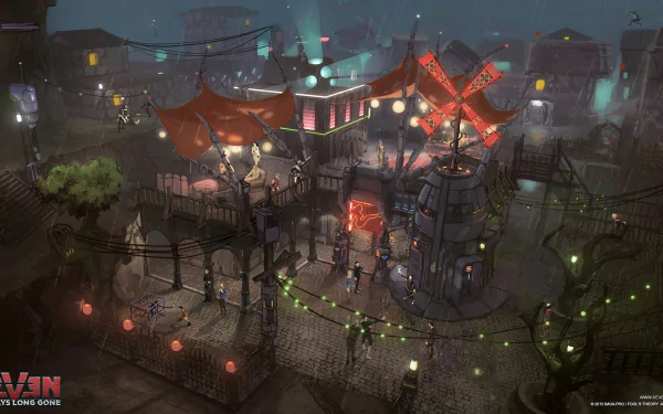 HD wallpaper from Seven: The Days Long Gone depicting a shadowy urban landscape with vibrant red tents and atmospheric lighting.